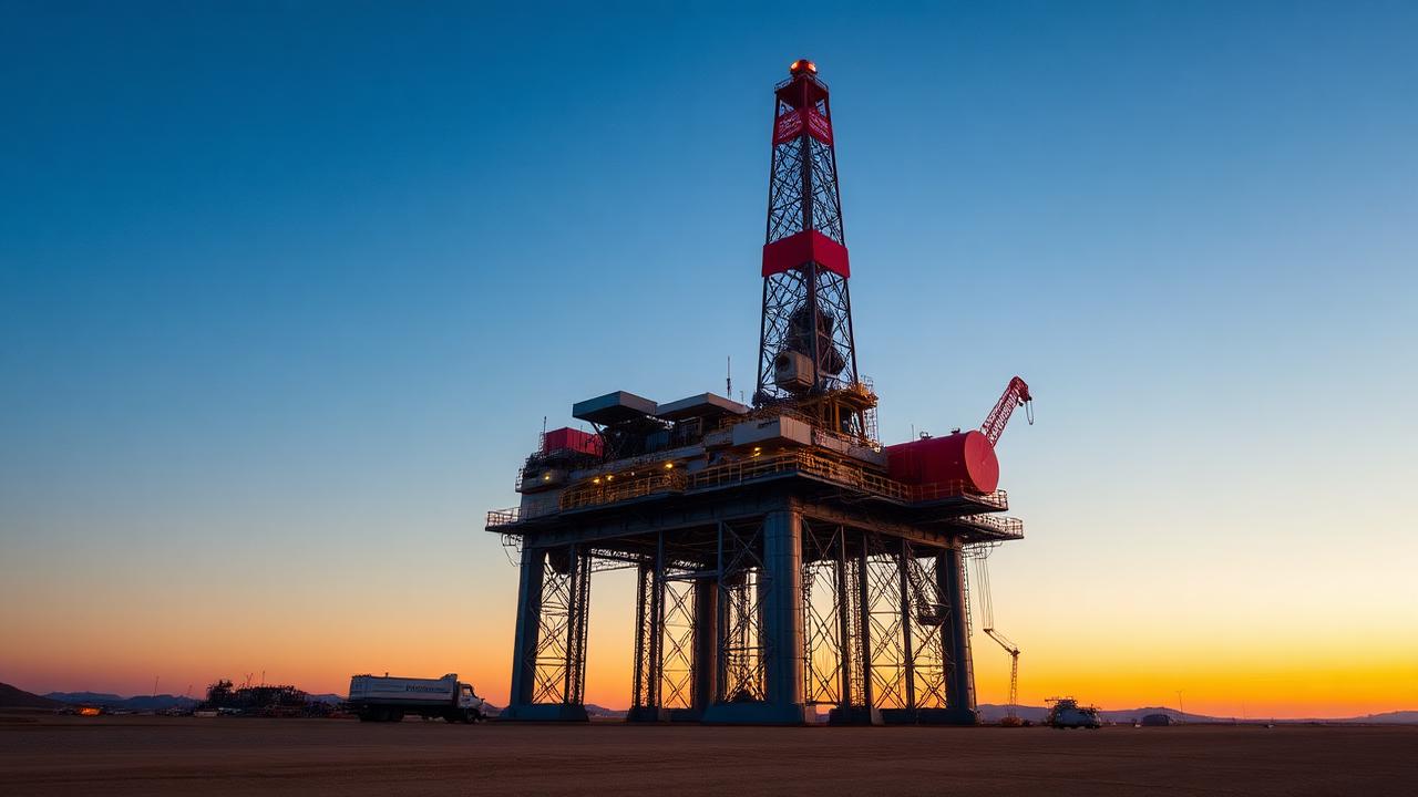 Onshore drilling rig at dusk